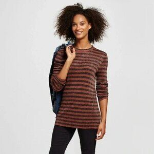 Who What Wear Black Brown Stripe Metallic Sparkly Knit Crew Neck Sweater Top XS